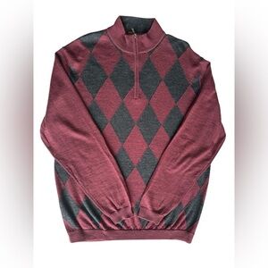 Toscano Sweater Zip-Up Argyle Pullover Burgundy Turtleneck Wool Size L Unisex